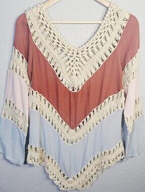 Boho Crochet Lace Colorblock Tunic Top Bell Sleeve Festival Bohemian S